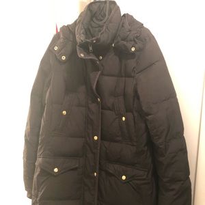 J.Crew black puffer coat with gold snap buttons.